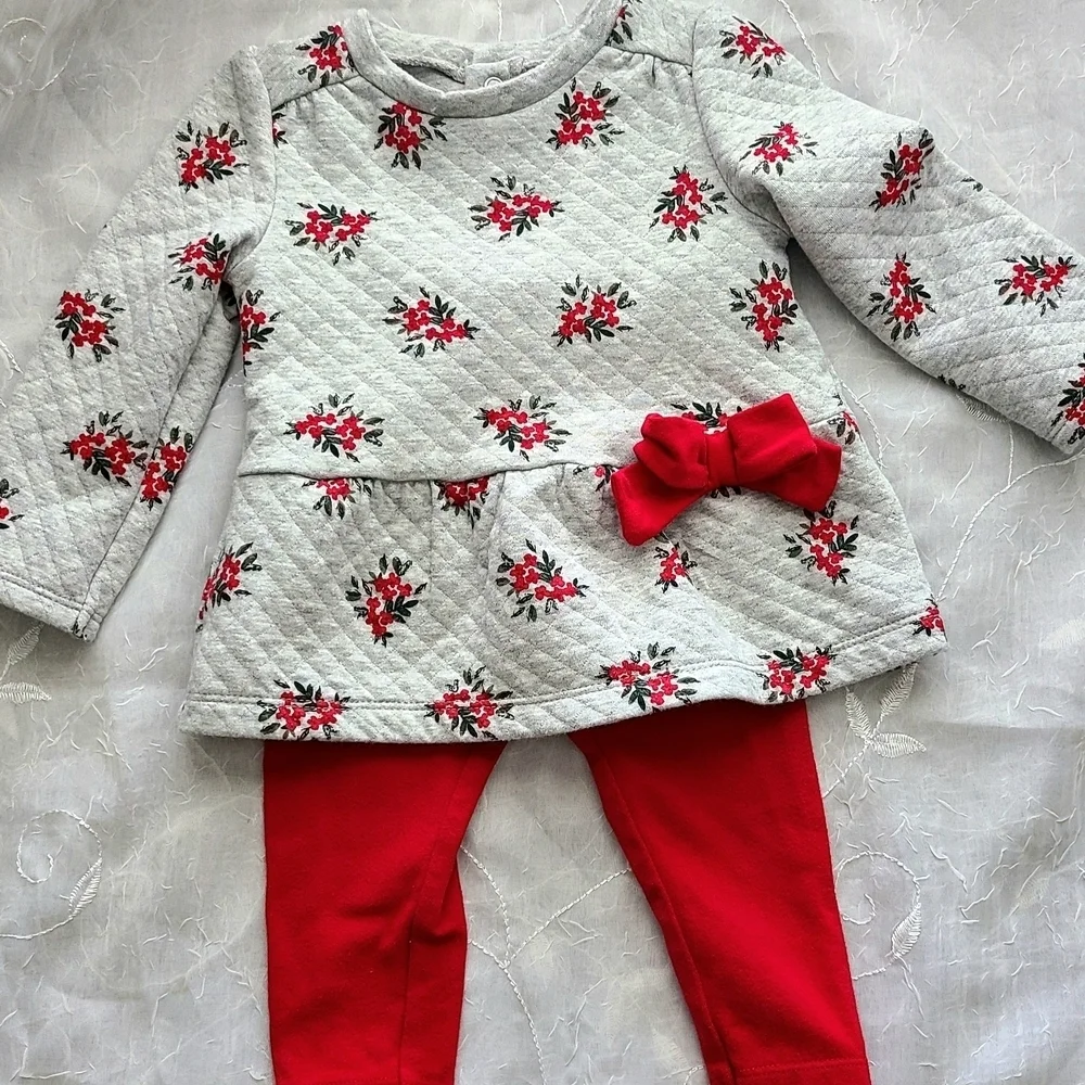 Carters Christmas Girl 12 Month Floral Quilted Top and Red Leggings Set Girly